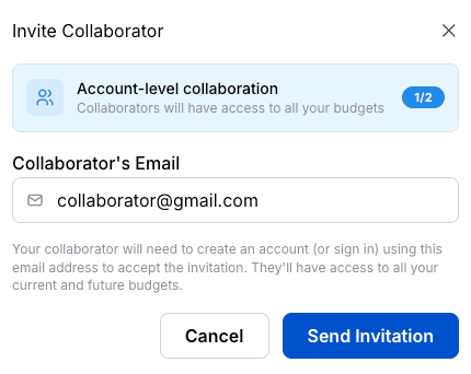 Screenshot showing partner collaboration with shared budget access and invite modal