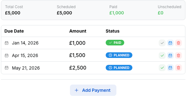 Screenshot of the installment payment editor showing scheduled payment dates and amounts